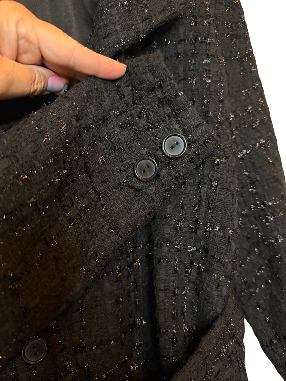 Unique Vintage Black Metallic Tweed Belted Blazer Jacket Boucle L/XL - Picture 5 of 7
